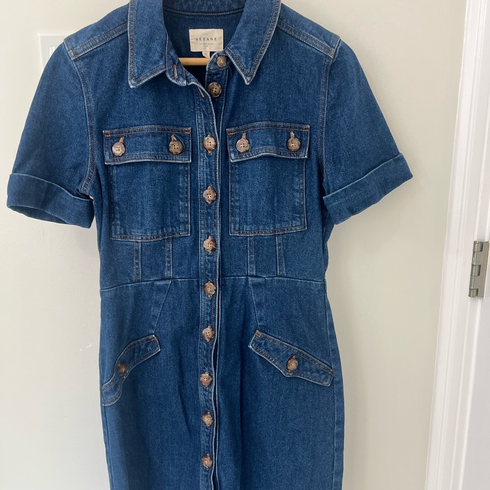 Sézane Blue Denim Dress with Turtoiseshell Buttons